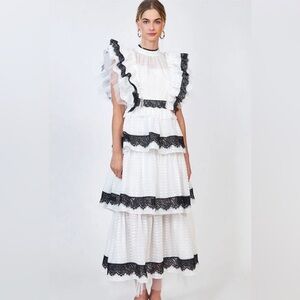 Hunter Bell White and Black Ruffle Long Sleeve Dress